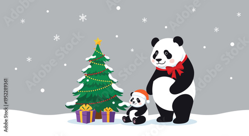 Two cute panda bears, an adult with a red bow and a cub in a Santa hat, celebrating Christmas by a decorated tree in the snow.
