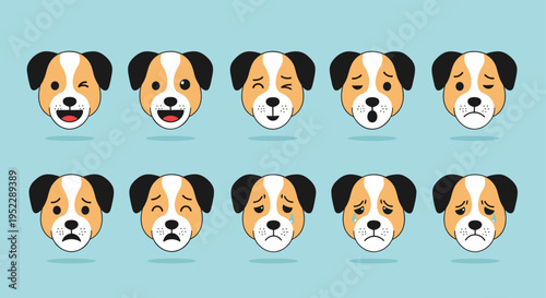 Collection of dog head icons showing a range of facial expressions and emotions from happy and winking to sad and crying.