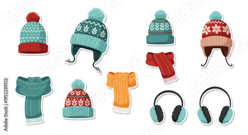 Assorted winter accessories including various patterned knit hats, cozy scarves, and fluffy earmuffs in teal, red, and orange tones.