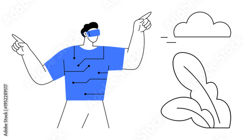 Virtual reality, futuristic technology, gaming, augmented reality, innovation, digital interaction. Man wearing VR headset pointing in a minimal digital style. Virtual reality and futuristic