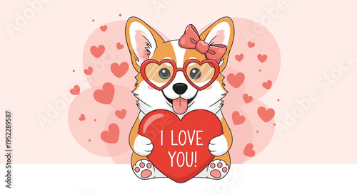 Adorable pembroke welsh corgi puppy wearing red heart shaped glasses holds a large red heart with i love you greeting.