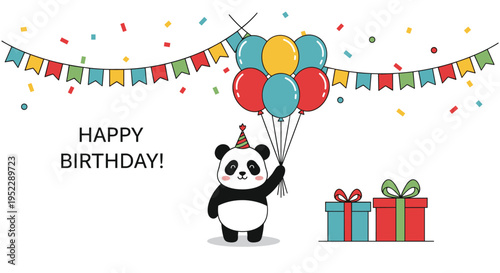 Cute panda bear wearing a party hat holding colorful balloons celebrating a happy birthday with gifts and confetti.