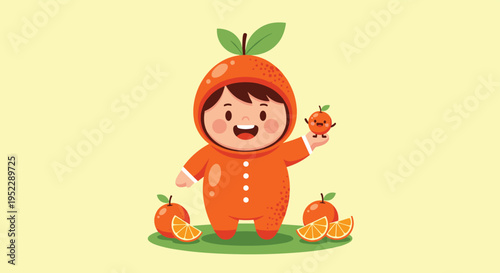 Cheerful young toddler dressed in a bright orange fruit costume holding a small orange on a sunny yellow background.