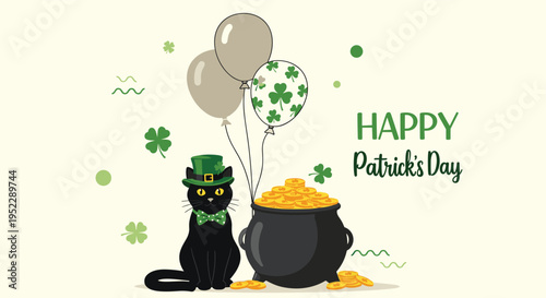 Black cat wearing a green leprechaun hat and bow tie sitting next to a large pot of gold for saint patrick day.