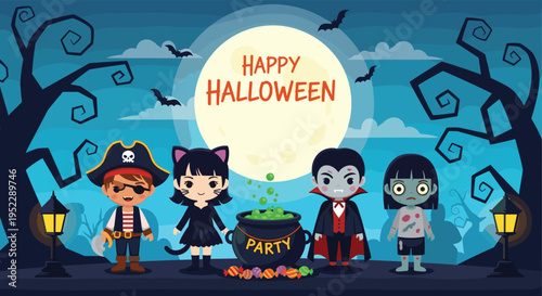 Spooky halloween scene with kids in costumes standing in a graveyard under a full moon near a large bubbling cauldron.