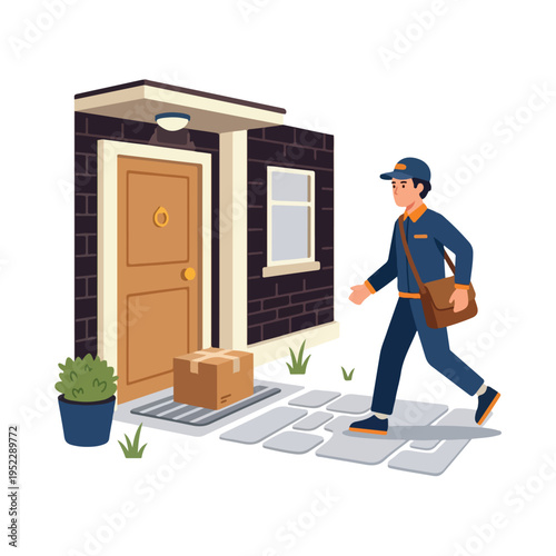 vector courier delivering and placing a package in front of the customer's house