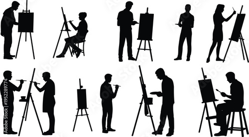 Silhouette collection of artists painting on canvas with easels, showcasing creativity, art process, and studio work in various poses isolated on light background