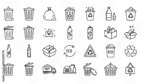Waste Trash Recycle Line and Glyph Solid Icons for Eco, Sustainability, and Environmental Design Vector