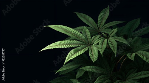 Dramatic close-up of vibrant green leaves against a dark background, showcasing the beauty of nature's intricate details.