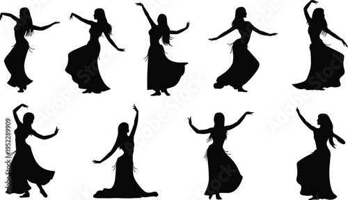 Silhouette collection of female dancers in flowing costumes performing expressive movements, showcasing grace, rhythm, and artistic dance poses isolated on light background