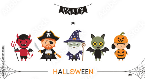 Five cute children dressed in halloween costumes as a devil pirate wizard bat and pumpkin under a party banner.