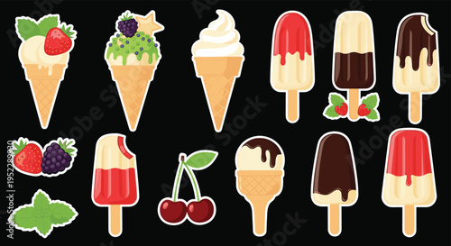 Collection of assorted ice cream and fruit stickers with various flavors and toppings on a deep black background.