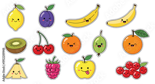 Large collection of cute fruit stickers with happy smiling faces and various expressions on a white background.