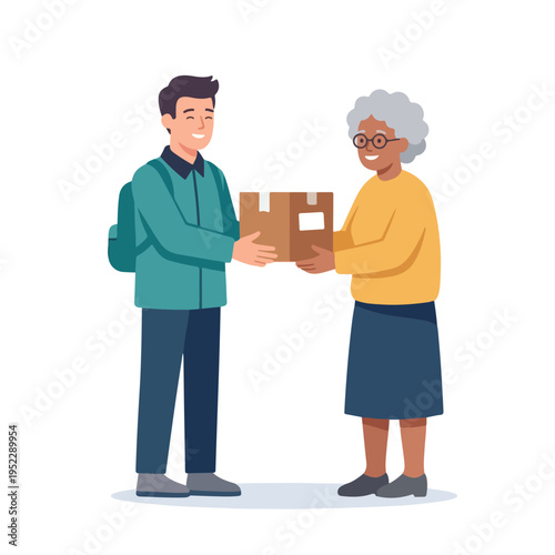 Vector courier delivers package politely to elderly