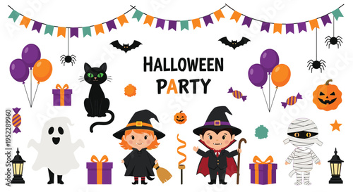 Comprehensive set of halloween elements including children in costumes black cat ghost pumpkin and party decorations.
