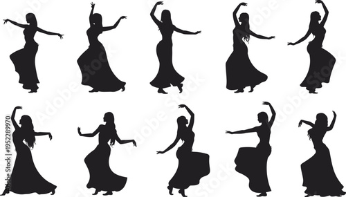 Silhouette collection of female dancers in flowing dresses performing elegant movements, showcasing grace, rhythm, and artistic expression isolated on light background