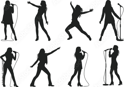 Silhouette collection of female singers performing with microphones in dynamic poses, showcasing live music, stage energy, and entertainment isolated on light background