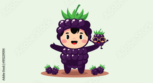 Cheerful young child dressed in a dark purple blackberry fruit costume holding a small berry on a light green background.
