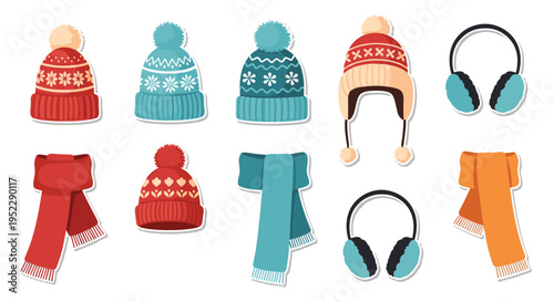 Set of winter clothing accessories stickers including knitted hats scarves and earmuffs in various colors and patterns.