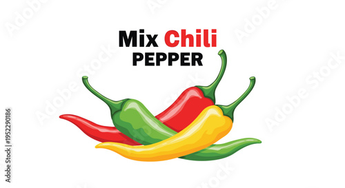 Collection of vibrant red, yellow, and green chili peppers in heap with bold text for spice and food ingredient concepts on white backdrop.