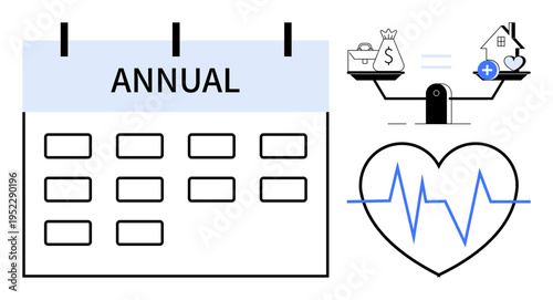 Annual planning concept. Annual goals combining financial stability, health priorities, and balanced living. Annual calendar aligns with health, wealth, and life balance. Perfect for organization