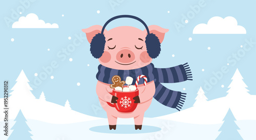 Pink pig wearing warm winter scarf and earmuffs while holding mug of hot chocolate with gingerbread man and candy cane in snowy landscape.