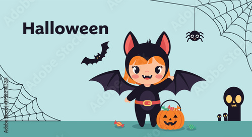 Girl dressed in bat costume for Halloween holding pumpkin bucket full of candy against light blue background with spooky festive elements.