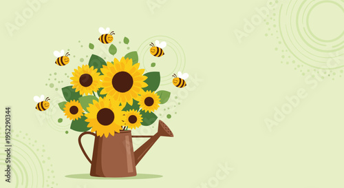 Beautiful bouquet of bright yellow sunflowers in brown watering can with happy bumblebees buzzing around on soft green textured background.