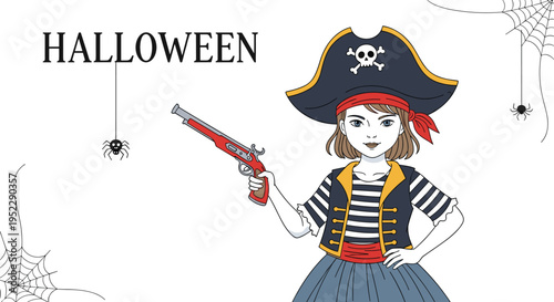 Girl in detailed pirate outfit holding red pistol for Halloween celebration with spooky spiderweb and hanging spiders on white background.