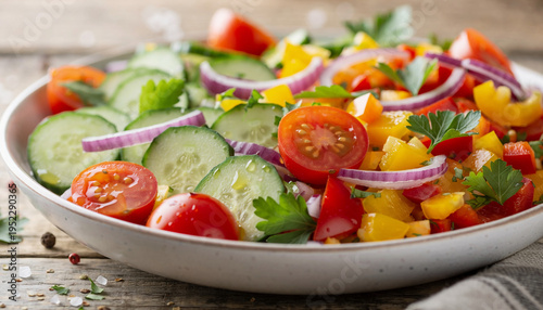 A vibrant bowl of fresh garden salad with cucumber, tomatoes, and bell peppers sits on a rustic wooden table.