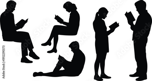 Silhouette collection of people reading books in various poses, showcasing education, learning, knowledge, and study habits isolated on light background