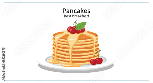 Stack of golden brown pancakes with maple syrup and fresh red cherries on white plate for delicious breakfast concept illustration on white.