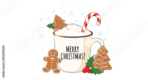 Mug of hot cocoa with whipped cream gingerbread cookies and candy cane for Merry Christmas holiday greeting and winter festive celebration.