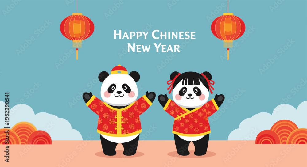 Naklejka premium Panda characters wearing traditional red Chinese outfits celebrating Chinese New Year with festive lanterns on blue landscape background.