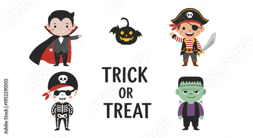 Cute Halloween characters including vampire pirate pumpkin and frankenstein for trick or treat festive holiday celebration banner.