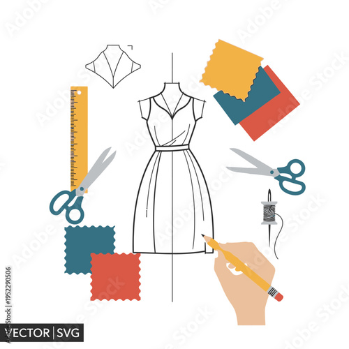 Fashion Design Flat Lay: Dress Sketch, Fabric Swatches, Tools for Sewing and Tailoring