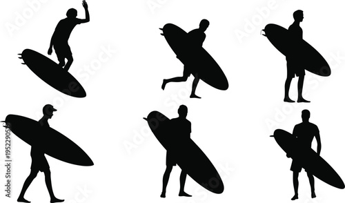 Silhouette collection of surfers carrying surfboards and riding waves, showcasing ocean sport, adventure, and beach lifestyle isolated on light background