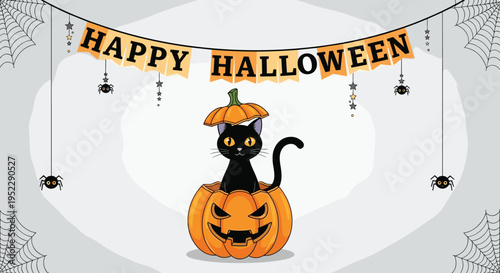 Black cat inside carved pumpkin with Happy Halloween bunting and spooky spiders for festive holiday celebration background on light grey.
