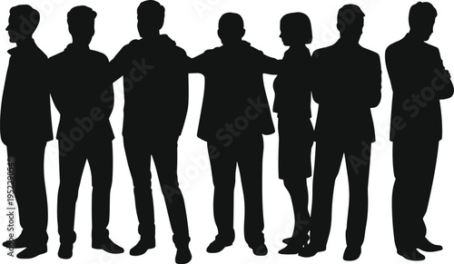 Silhouette of diverse business people standing together in group, showcasing teamwork, collaboration, and professional unity isolated on light background