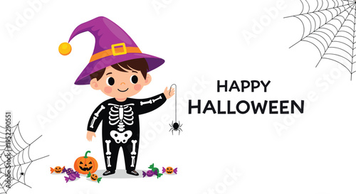 Boy dressed in skeleton costume with purple witch hat celebrating Halloween with pumpkin candy and spiderweb decorations on white background.