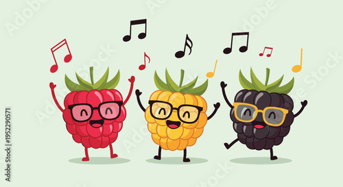 Trio of cheerful berries featuring raspberry golden raspberry and blackberry with glasses singing and dancing for fun food lifestyle concept.