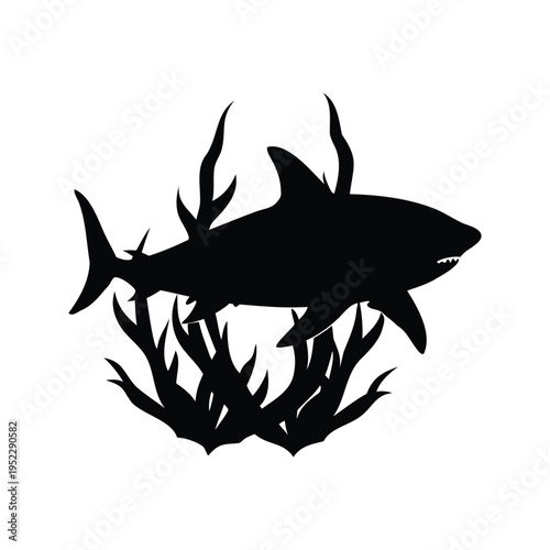 Silhouette of a shark with sharp teeth and fins, vector illustration design, shark moving through kelp silhouette vector illustration