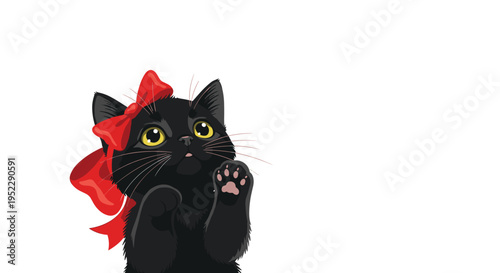 Adorable black kitten with vibrant red bow on its head and playful paws up for sweet pet portrait and feline lovers gift card design.