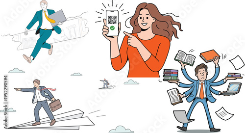 Business and Productivity Illustration Set with Multitasking Office Worker QR Code Mobile Payment and Career Growth Concepts Isolated on White Background