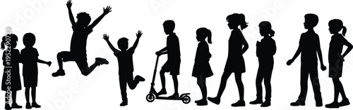 Silhouette of diverse children standing and playing together in a row, showcasing childhood activity, friendship, growth stages, and playful energy isolated on light background