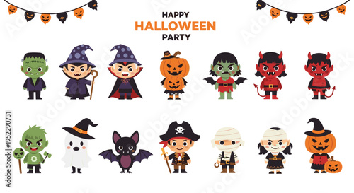 Collection of cute Halloween characters in various spooky costumes for festive holiday party invitations and children's decoration.