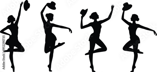 Silhouette of female dancers holding hats in elegant poses, showcasing rhythmic movement, grace, and stylish performance isolated on light background for design use