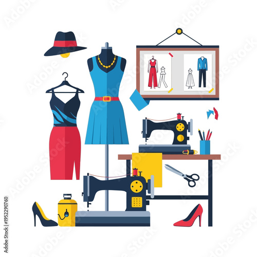 Fashion Design Studio Flat Illustration: Mannequins, Sewing Machines, Hats, Heels, Sketchboard