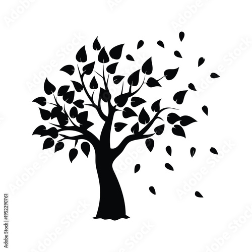 Silhouette of a tree with falling leaves, elegant vector illustration design, tree shedding leaves in autumn silhouette vector illustration
