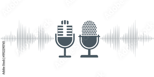 Microphone icon with sound waves, digital audio recording device symbol for podcast, voice message, and speech communication, clean vector illustration
